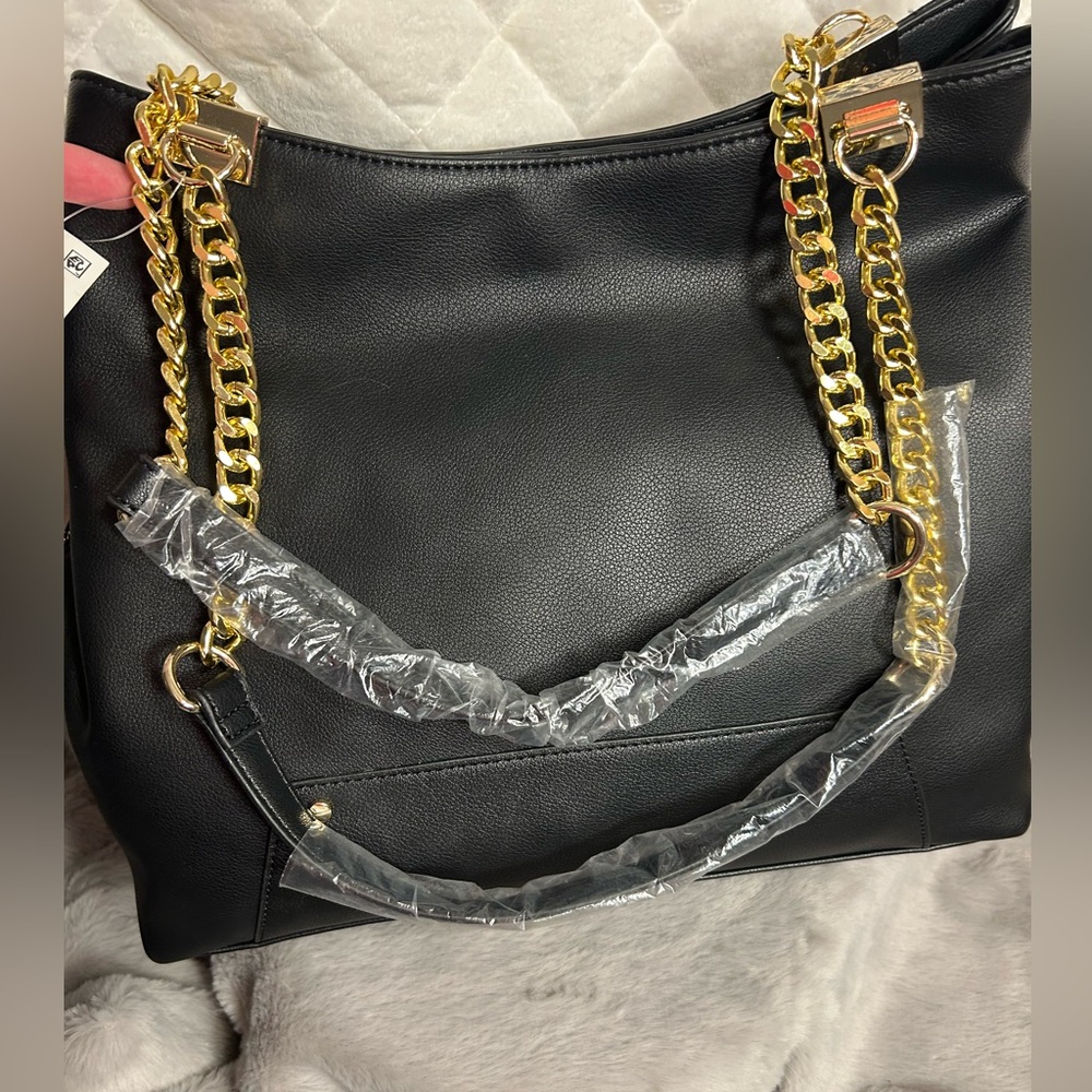 INC Tripp II Chain Satchel Bag Purse Black Gold Chain